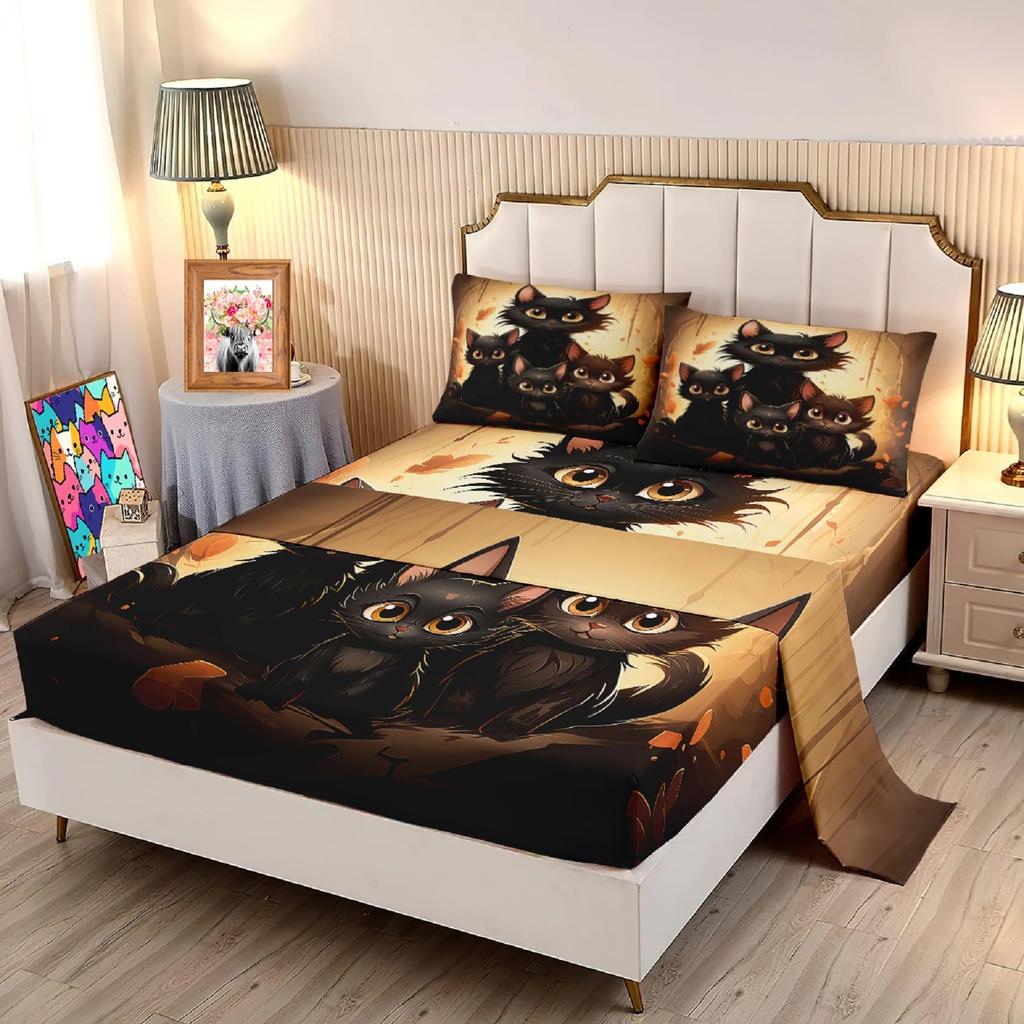 Cute cartoon cat family pattern mattress four-piece bedding set bedroom dormitory bedding set