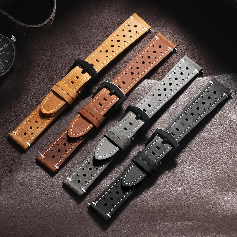 Vintage Handmade Watch Strap 18mm 19mm 20mm 21mm 22mm 24mm Racing Leather Strap Gray Black Brown Breathable Porous Watchbands