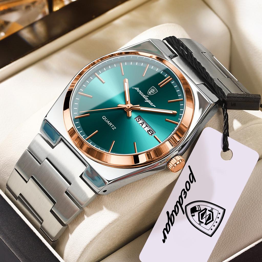 POEDAGAR Luxury Casual Man Wristwatch Waterproof Stainless Steel Luminous Men Clock Date Week Fashion Quartz Men's Watches Reloj