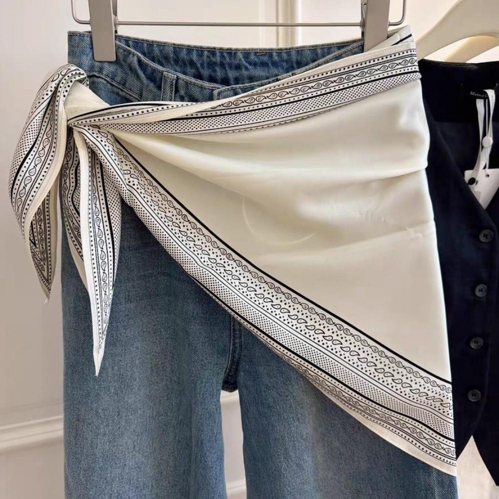 Imitation Silk Floral Triangle Scarf Polka Dot Decorative Headscarf Versatile Waist Belt Women