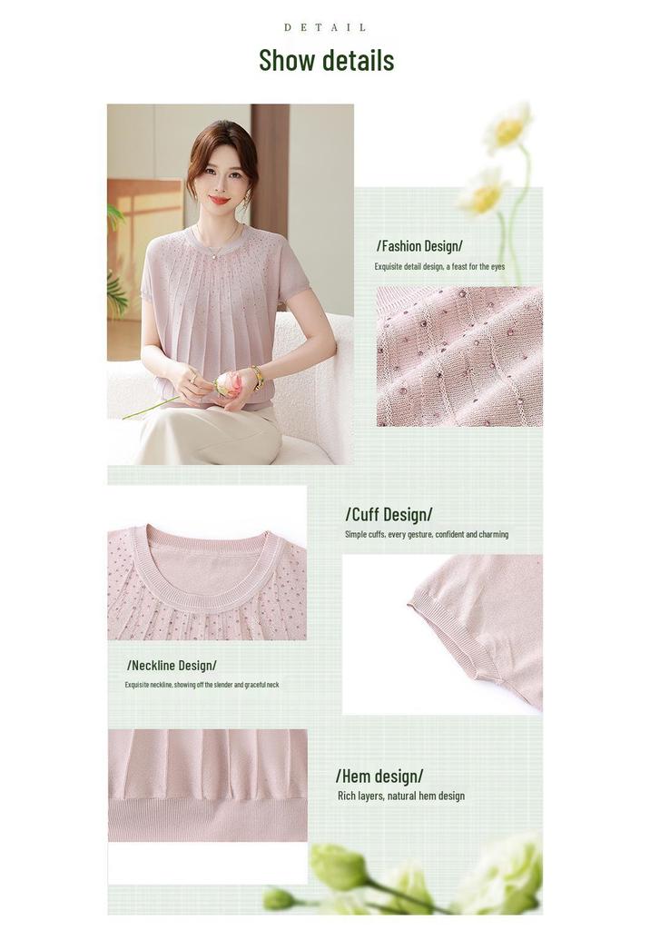 Summer Fashion Rhinestone Knit T-shirt for Women: See-through Ice Silk, Round Neck, Perfect for Young Mothers & Middle-aged Women