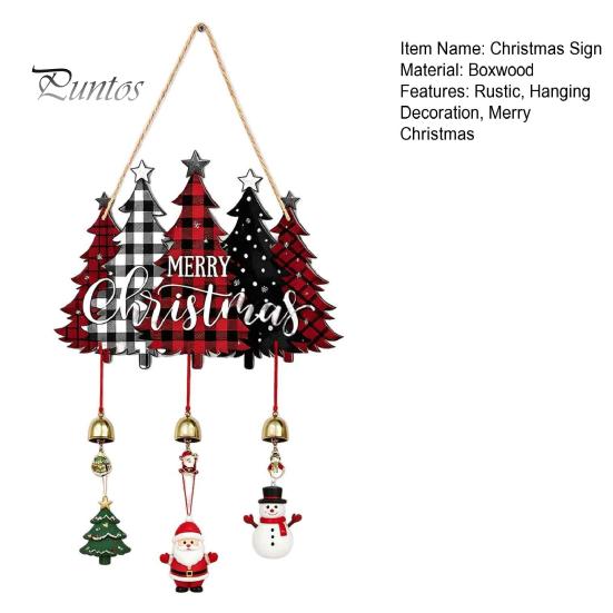 Festive Hanging Ornament Merry Christmas Wooden Wall Door Sign with Bells, Rustic Santa Snowman Indoor Holiday Party Supplies Tree Reindeer Decorative