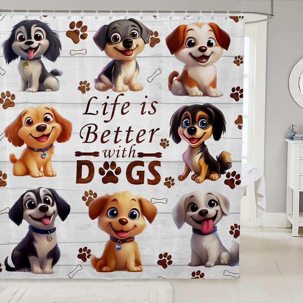 Cartoon Corgi Bathroom Curtain,Blossom Flower Green Leaves Shower Curtain Kids Girls Bathroom Decor,Cute Dog Nature Botanical