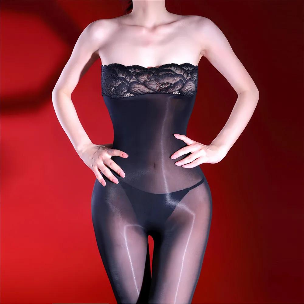 Fashion Women Lace Strapless Bodysuit 5D Oil Glossy Shiny Jumpsuit Yoga Shaping Tights Patchwork Open Crotch Maid Leotard