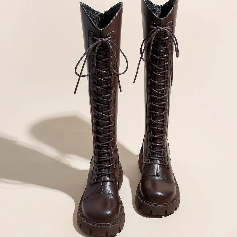 Winter Platform Cross Lace Up Woman Knight Boots Fashion Thick Heel Shoes Street Style Female Short Plush Long Booties