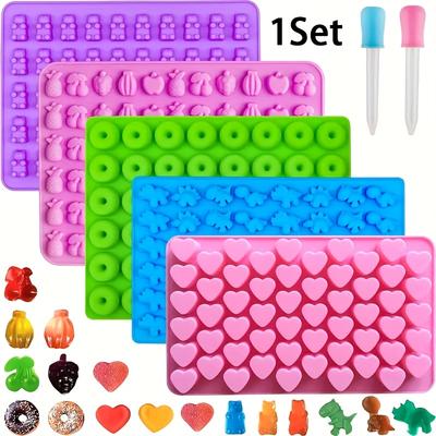 5pcs/set Gummy Bear Candy Molds Silicone,Gummy Molds with 2 Droppers,Non-stick Silicone Candy Molds Include Mini Dinosaur,Bear Shape,Hearts,Mini Donut