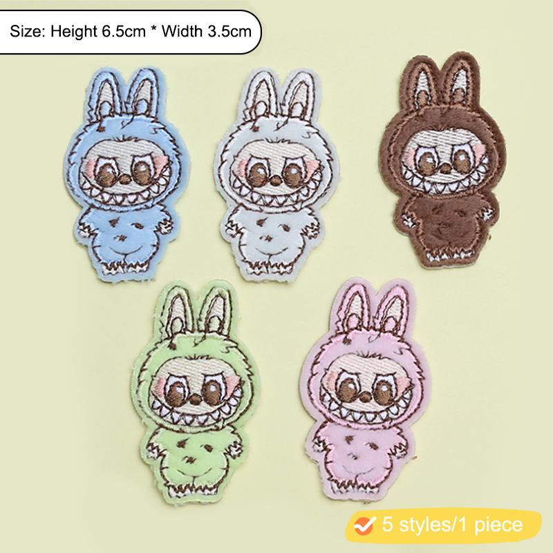 

5 шт. 1 комплект самоклеящихся пришивных мультяшных вышивок Labubu, милые животные, тканевая нашивка, аппликация для украшения одежды, сумок, джинсов