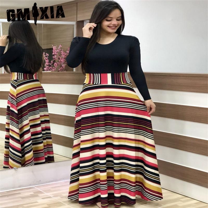 GMXIA Floral Print Patchwork Long Sleeve Bohemian Dress Women Spring Autumn O-Neck Big Swing Long Dresses