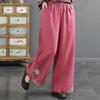 Tide Women's Spring Elastic Waist Cotton Linen Straight Leg Pants with Retro Embroidery