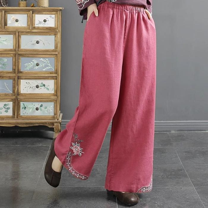 Tide Women's Spring Elastic Waist Cotton Linen Straight Leg Pants with Retro Embroidery