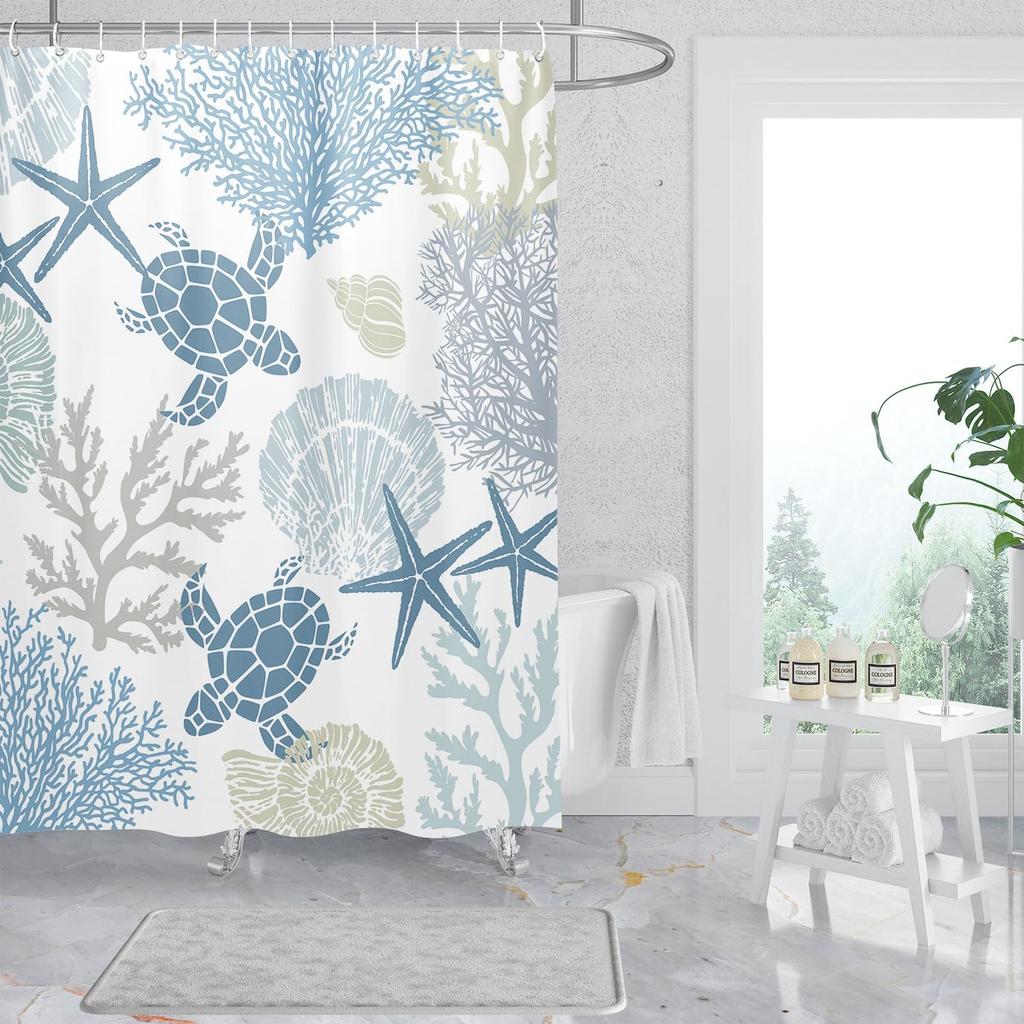 Peopleareok Nautical Coastal Shower Curtain, Funny Kids Sea Turtle Seashell Starfish Shower Curtain for Bathroom Decor, Polyeste