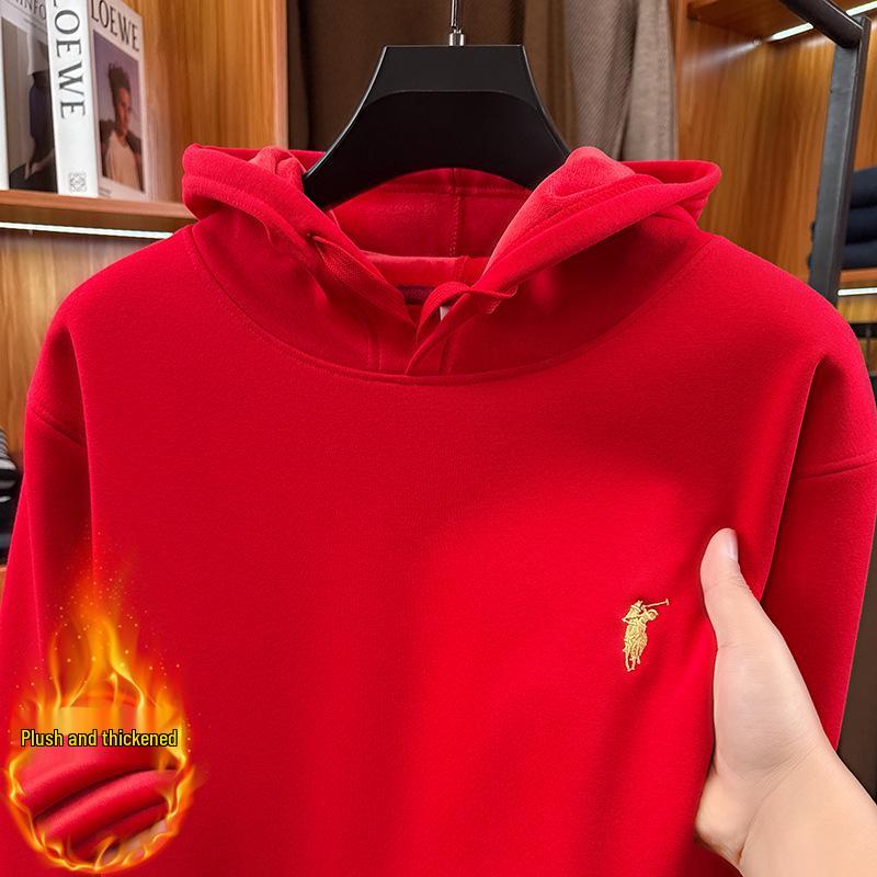 

2026 Year of the Horse Men s Red Hooded Sweatshirt - Autumn/Winter Thick Velvet Warm Cotton Base Layer M/48 (90-110 jin) червоний