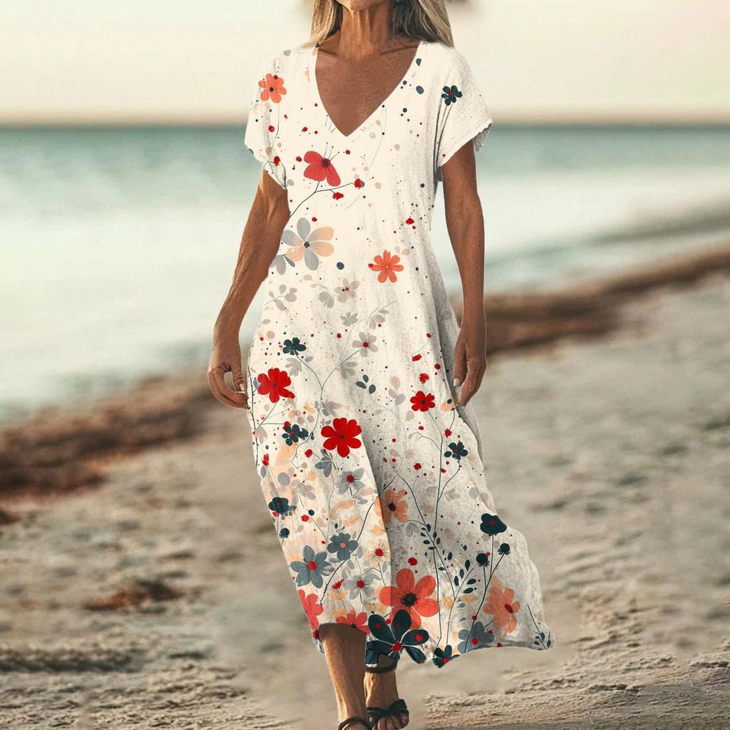 Fashion Women's Summer V-Neck Short Sleeve Floral Print Beach Dress