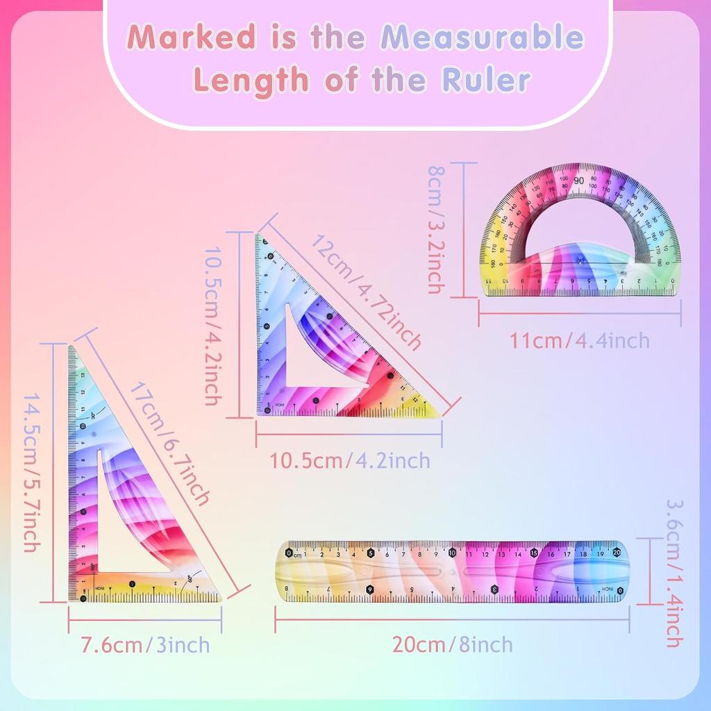 4 Pcs Flexible Rulers Set, Colorful Geometry Kit, Plastic Bendable Shatterproof Soft Rulers, Clear Ruler 20 cm/ 8 Inch, Triangle Rulers and