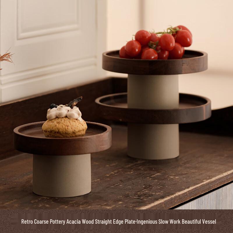 Ru Han Vintage Acacia Wood & Ceramic Serving Plate