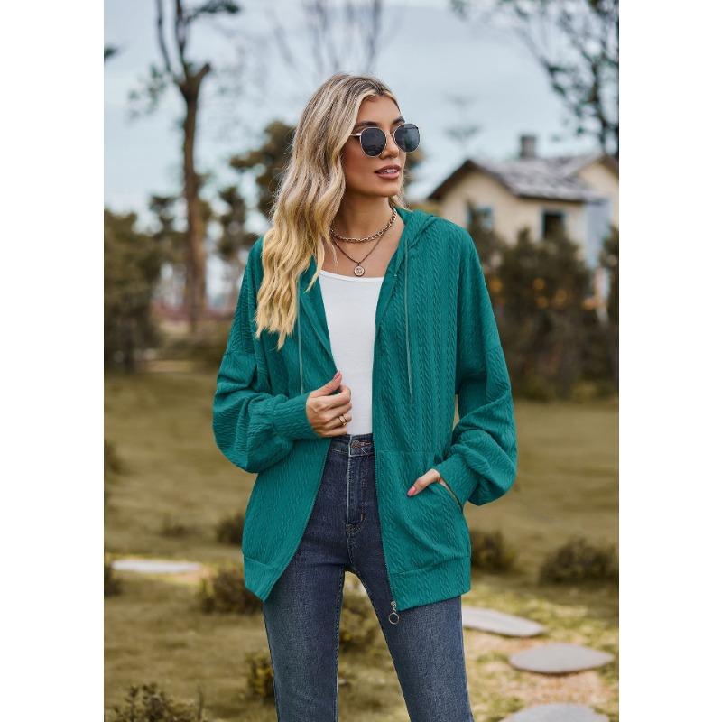 Spring and Autumn Women's Jacket Solid Color Pocket Long Sleeve Loose Hooded Sweatshirt Women Jacket
