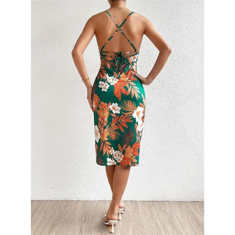 Summer Sexy European American Women Dress Side Slit Printed Mid Length Spaghetti Strap Dress Elegant Casual Fashion Dress