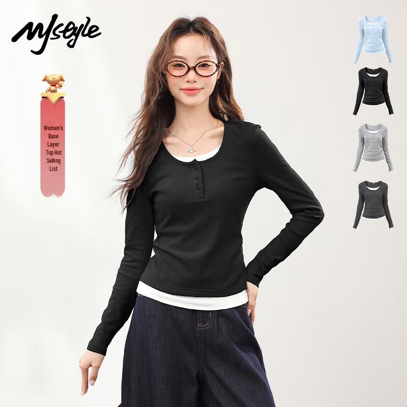 MJ STYLE Women s Contrast Faux Two-Piece Long Sleeve T-Shirt M