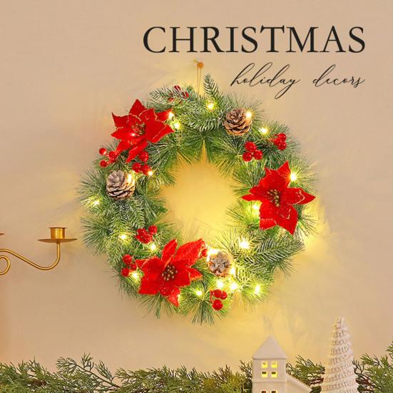 Pre-Lit Christmas Wreath for Front Door 12 Inches LED Lighted Artificial Christmas Wreath