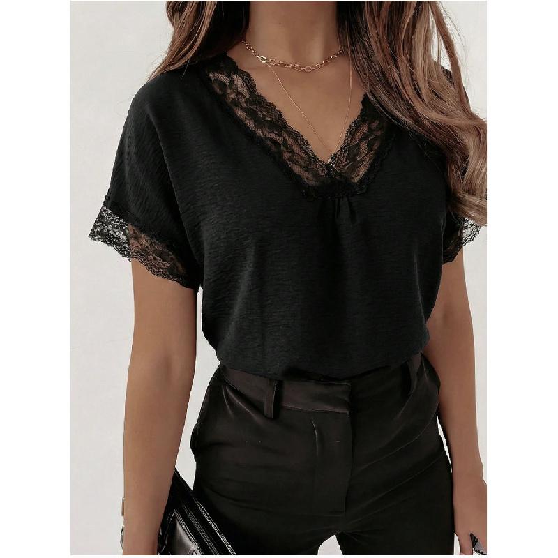 V-neck lace patchwork short-sleeve T-shirt women's summer new loose fashion top