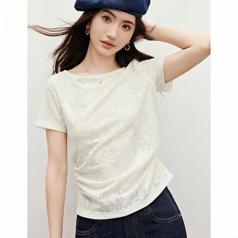 Jacquard wrinkled T-shirt spring and summer new women's clothing waist front shoulder one-word collar soft waxy texture top