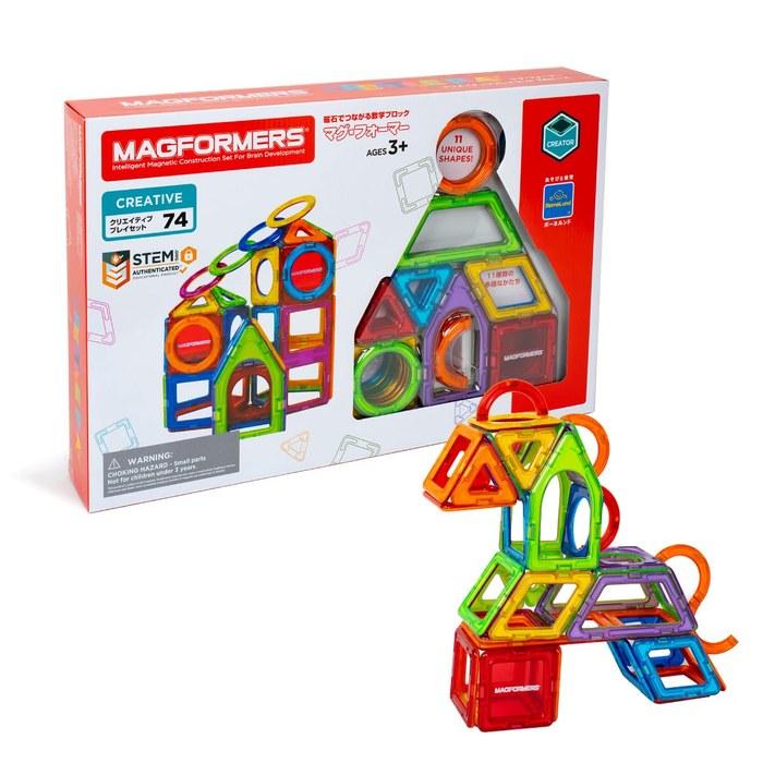 BorneLund MAGFORMERS Creative Play Set [74-Piece] Ages 3+ Magnetic Building Blocks MF63189 (Red, Blue, Yellow, etc.)