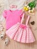 INS Girls' Three-Piece Set: Pink Puff Sleeve Top, Polka Dot Suspender Skirt, and Headband