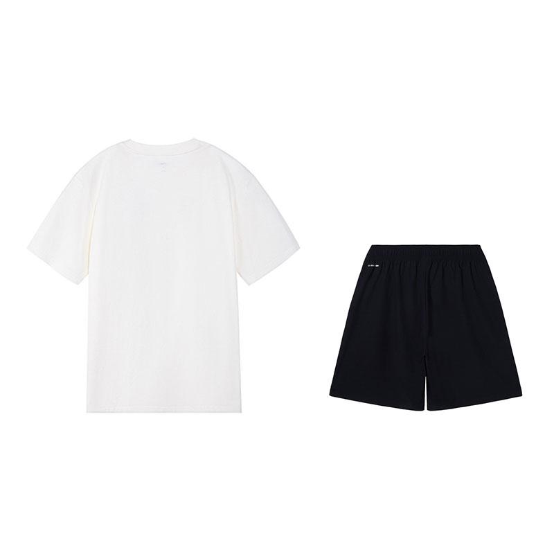 Li-Ning Versatile Breathable Comfortable Short Sleeve Cool Shorts Casual Sports Suit Men Suit Off-White Black W867-1+W685-1