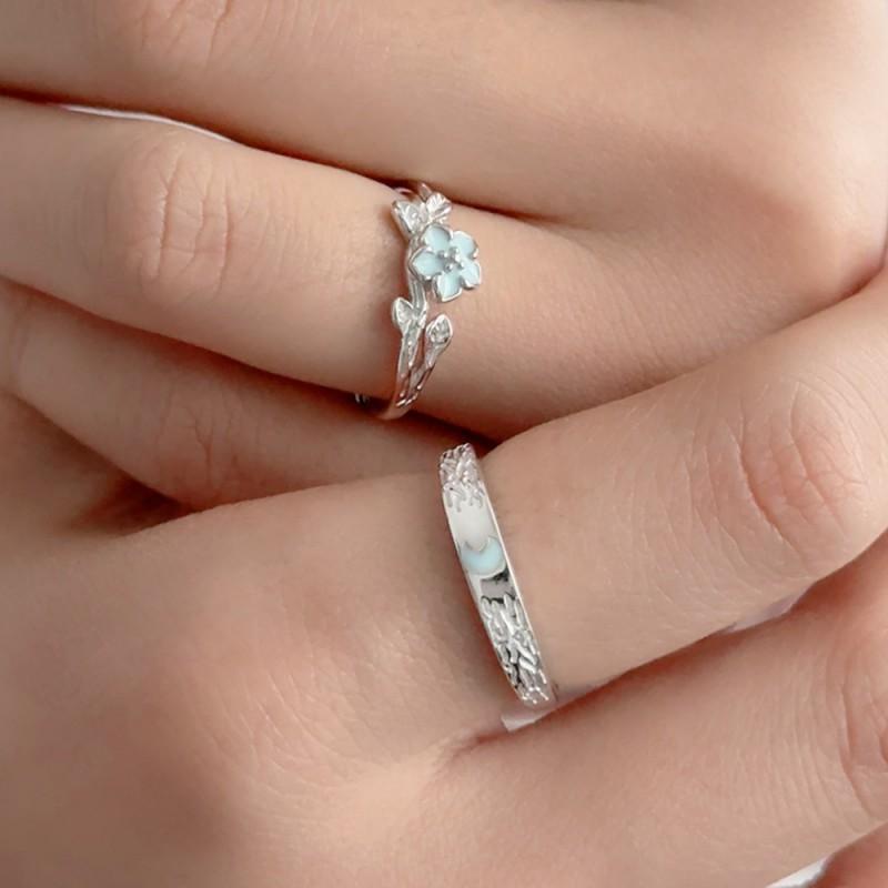 Sterling Adjustable Couple Rings With Camellia Moon Motif Minimalist Fashion Jewelry Men Women