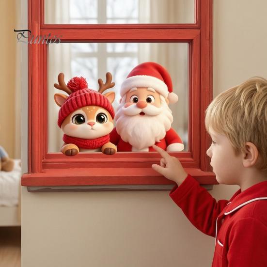 Seasonal Glass Door Decor Santa Claus Reindeer Window Cling, Christmas Static Sticker Holiday Decals for Party, Removable Reusable Decoration