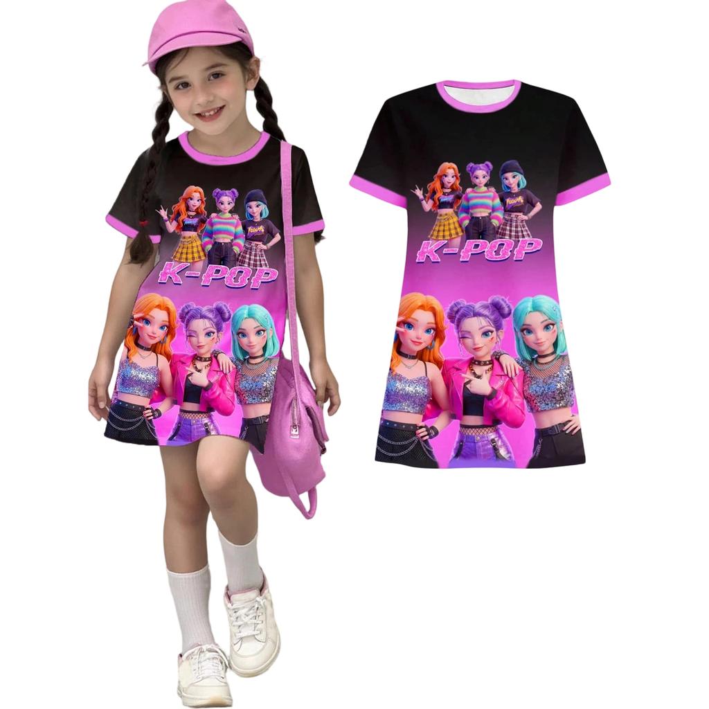 Girls Print Casual Dress Kids Loose Round Neck Short Sleeve Thin Sundress