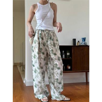 Korean Fresh Floral Women Pants Summer Lightweight Loose Elastic Waist Breathable Casual Pants