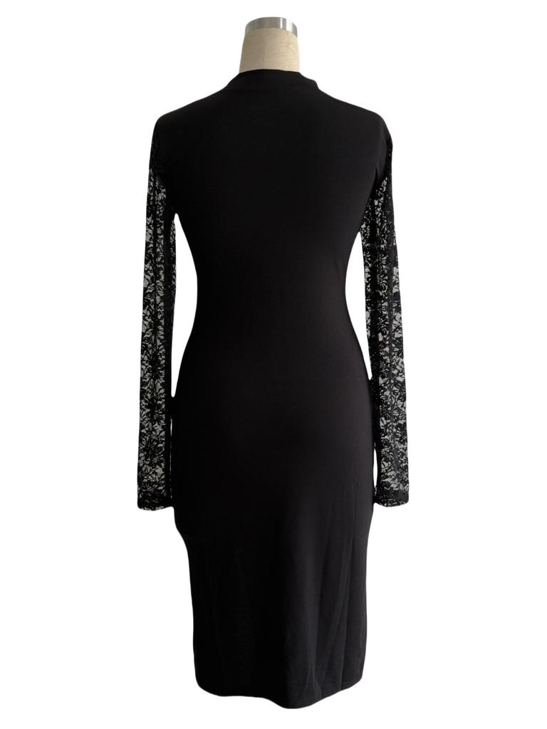Autumn Women Solid Color Color Block Lace Slit Sexy Bodycon Dress Mature Style French Retro Patchwork Slim Sexy Elegant Women Maxi Dress