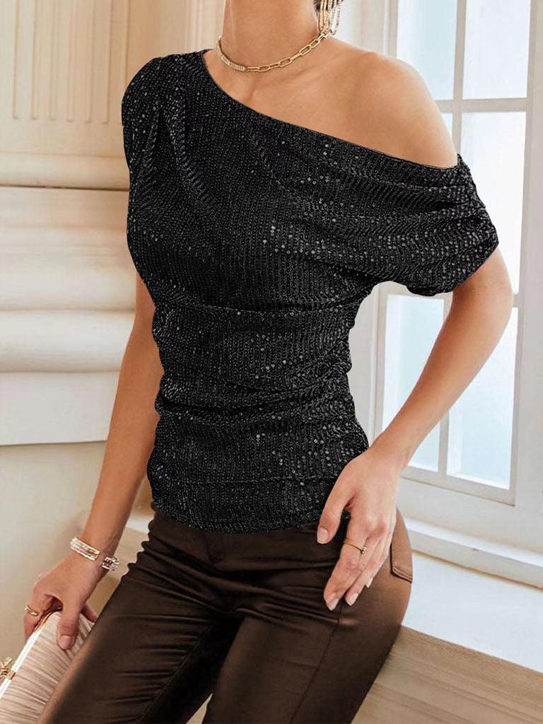 2024 Spring/Summer New Women's One-Shoulder Sequin Ruched Top