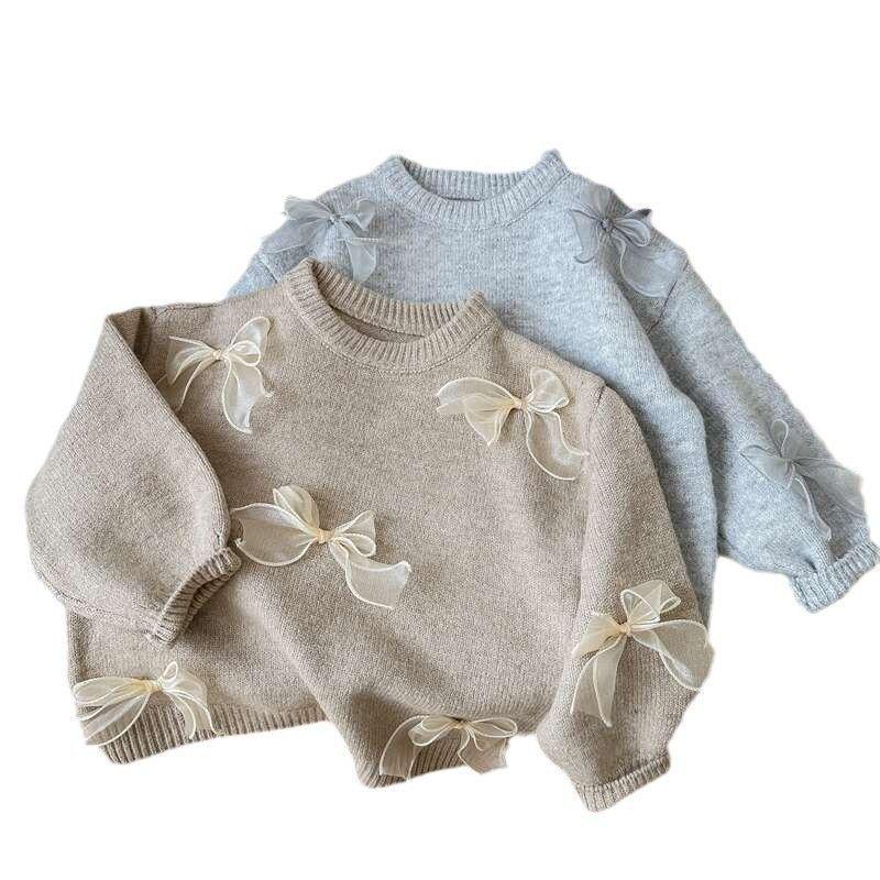 2025 Autumn Korean Girls' Sweater: Stylish Bow Knitwear for Children
