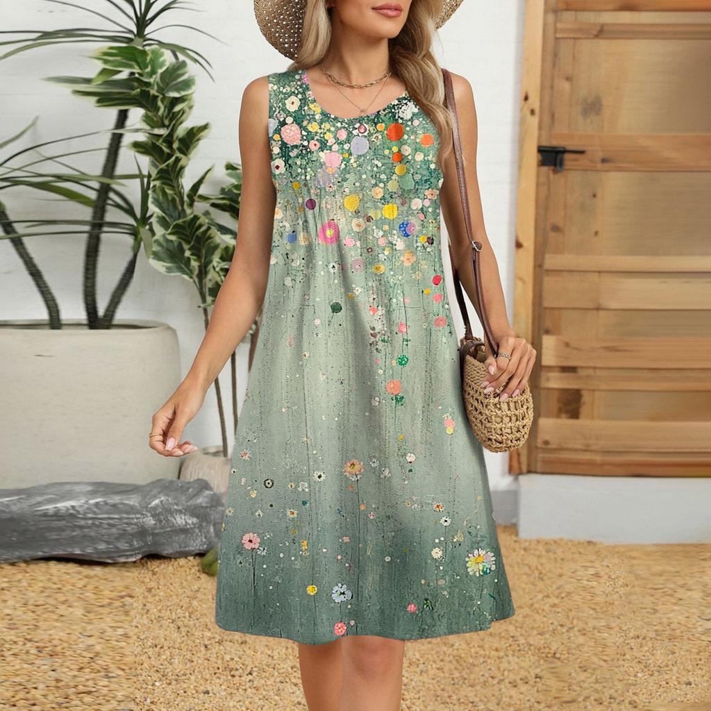 Women's Casual Fashion Breathable Flower Printed Vest Dress With Pockets