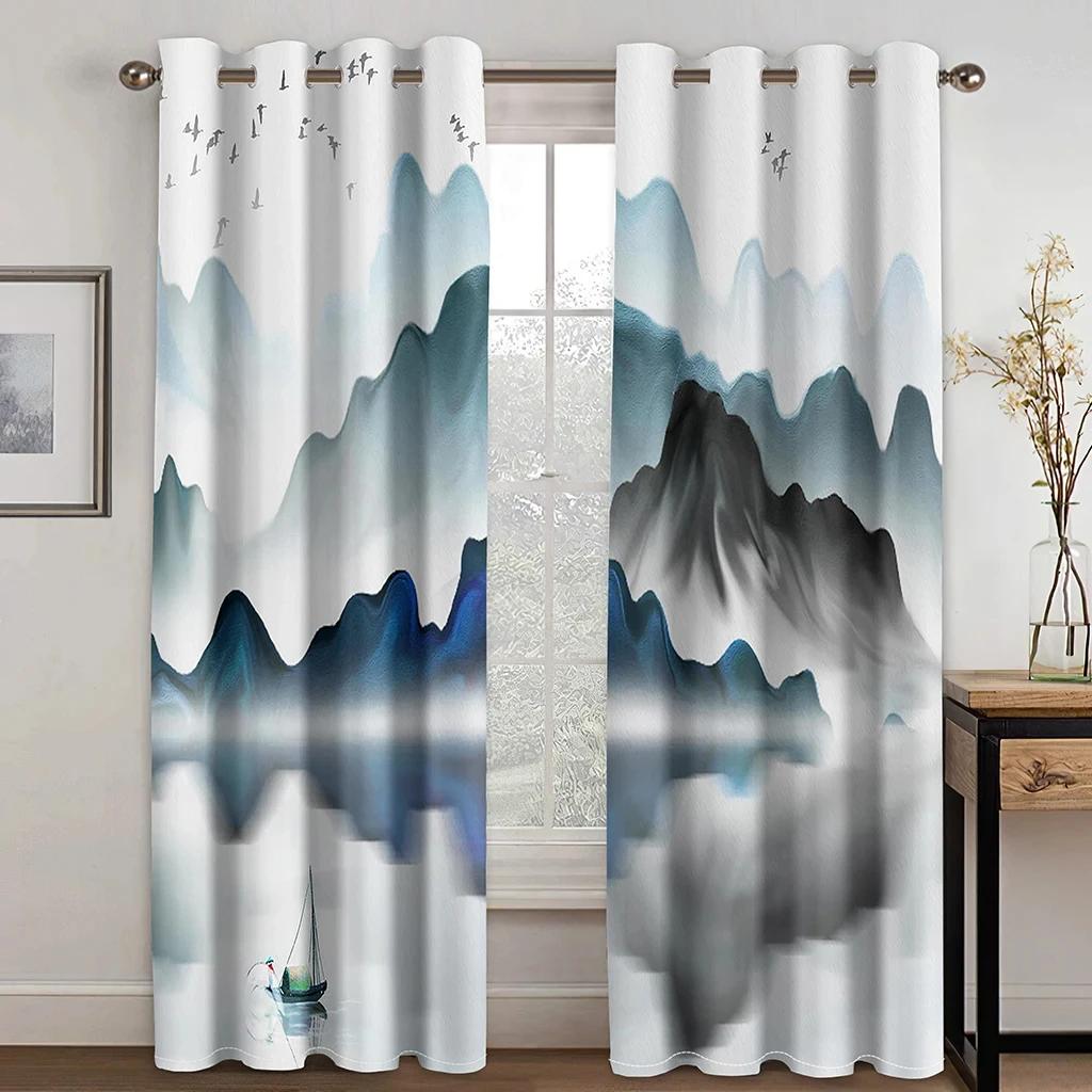 Japanese Style Chinese Painting Landscape Cloud High Shading Curtain for Bedroom Living Room Hotel Window 2 Pcs Blackout Drape