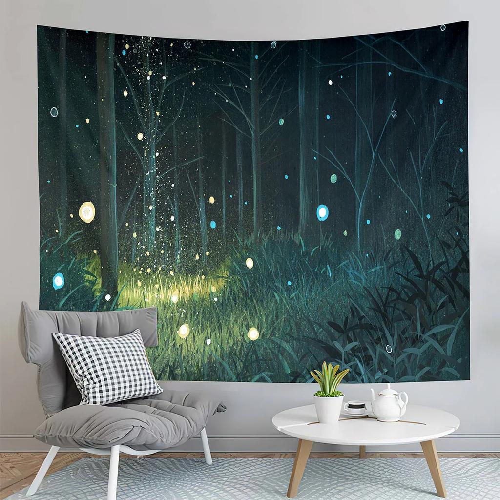 Fairy Tale Forest Tapestry Full Moon Night  Red Mushroom  Living Room Bedroom Dormitory
