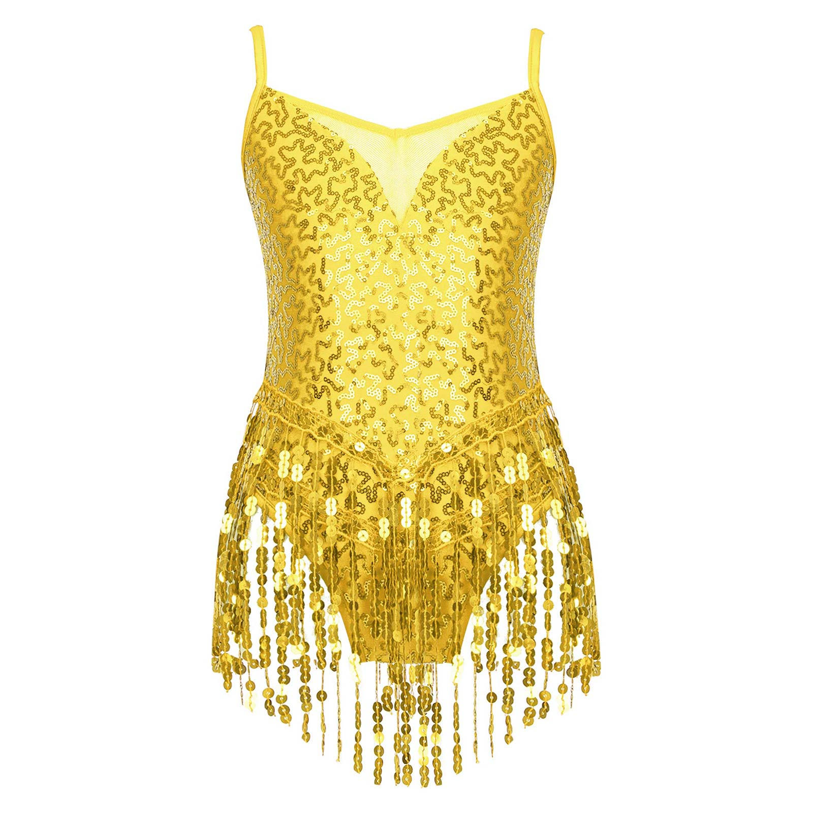 

Детская стильная одежда для девочек, танцевальные трико без рукавов с v-образным вырезом и блестящими пайетками, в стиле пэчворк, с кисточками по подолу 5-6 Years золотой