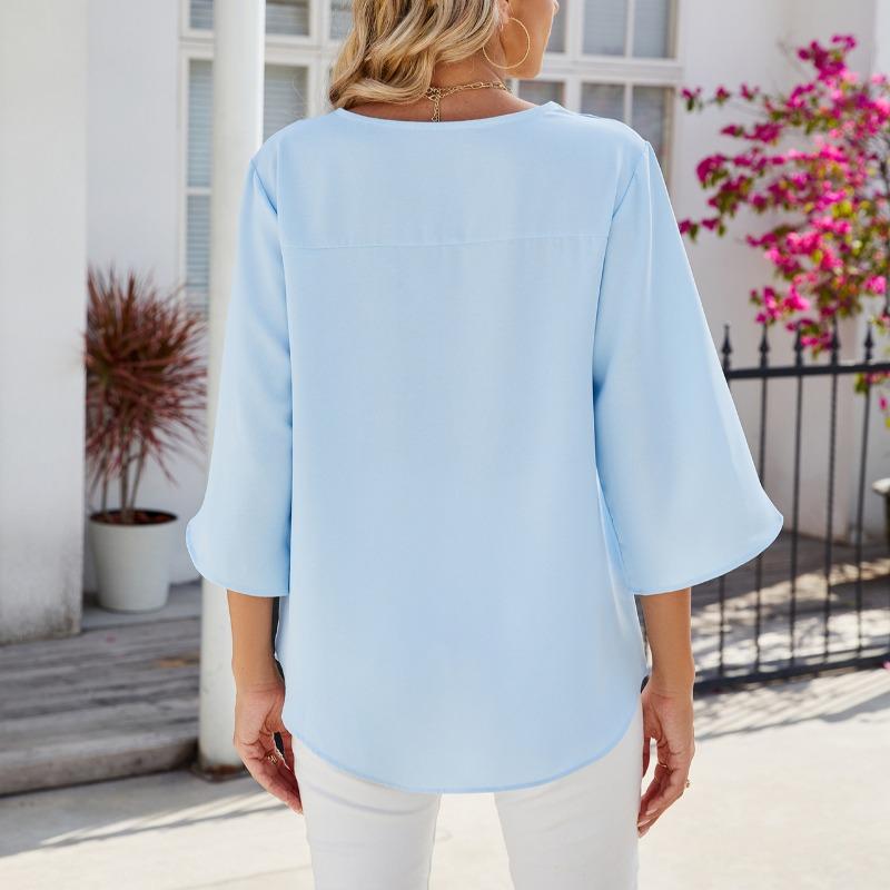 Spring Summer Solid Color V-neck Medium Sleeve Loose Chiffon Women's Top