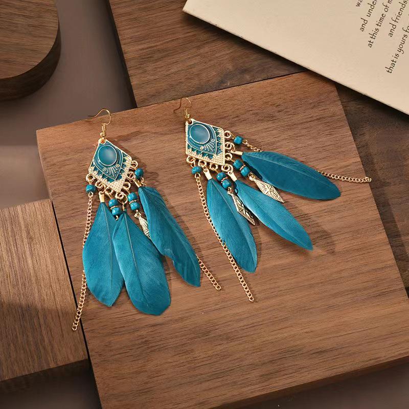 Trendy Ethnic Retro Multicolor Feather Beaded Circle Dangle Earrings
