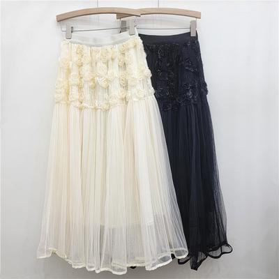 Women Spring Fall High Waist All Match Solid Color Flower Mesh A Line Skirt