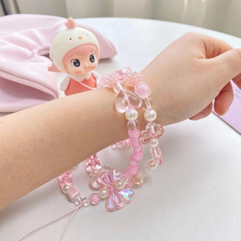 Pink Acrylic Beaded Short Rope Mobile Phone Straps Wrist Hand Lanyard Hand Strap Phone Charm