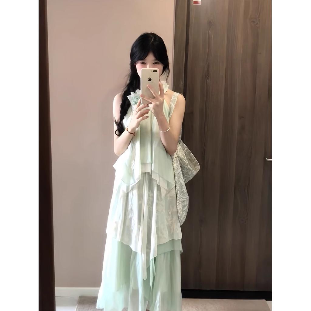 French gentle wind irregular neck dress women's summer princess dress seaside vacation mesh dress elegant