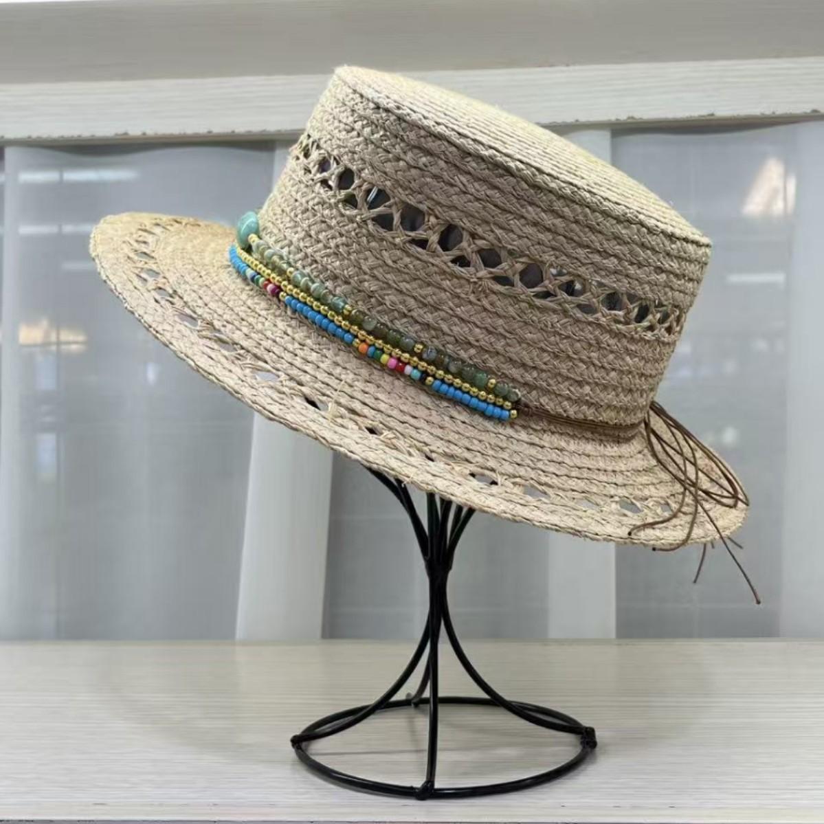 

French temperament belt hollow flat top raffia hat women s summer sun protection visor elegant vacation woven top hat M（55-58cm）
