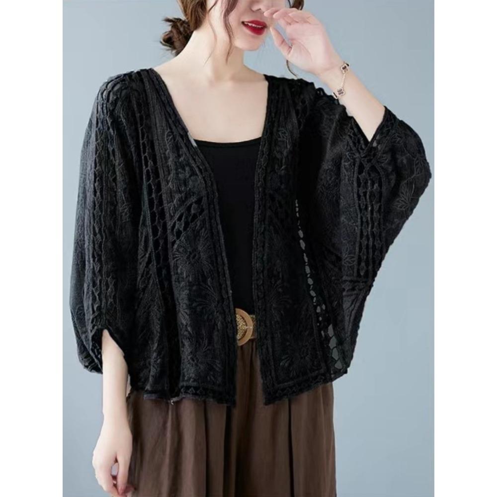 DX- MS64-Spring and Summer Cotton Embroidery Lace Cardigan Short Bat Sleeve Loose Shawl 7 Split Sleeve Air Conditioner Sunscreen Clothes Cover Female