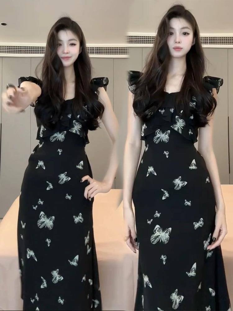 Xiaofei Sleeve Black Floral Dress Children's Summer 2026 New Pear-shaped Figure French Thin Waist Dress