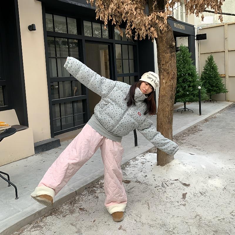 Damen Winter Neu Kleiner Blumenkragen Kurze Baumwolljacke Amerikanischer Steppmantel Steppjacke.
