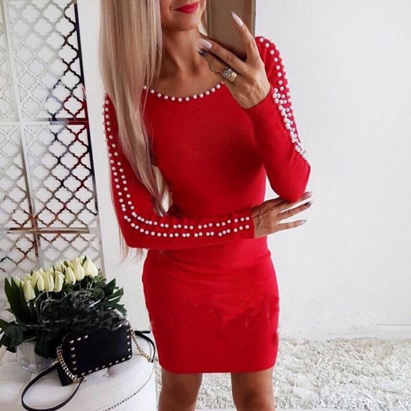 Jesień/Zima Europejska i Amerykańska Wyszczuplająca Sukienka A-line z Koralikami Bodycon - Długi Rękaw, Seksowny Krój
