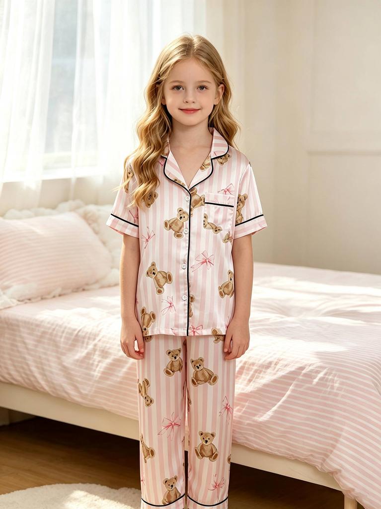 Girls Pajama Set, Cute Bear Print Short Sleeve Button Down Top & Shorts, Pink Sleepwear Loungewear for Kids 8-13 Years